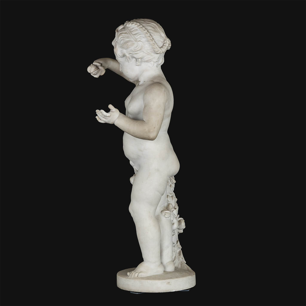 Boy with a rose, a Carrara marble sculpture, signed Vanet. 19th C. (L:35 x W:42 x H:92 cm)