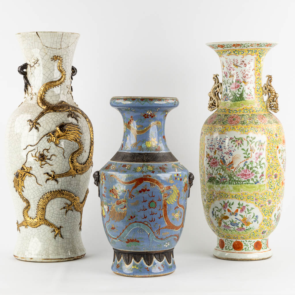 Three Asian vases, Chinese and Japanese, stoneware and porcelain. (H:62 cm)