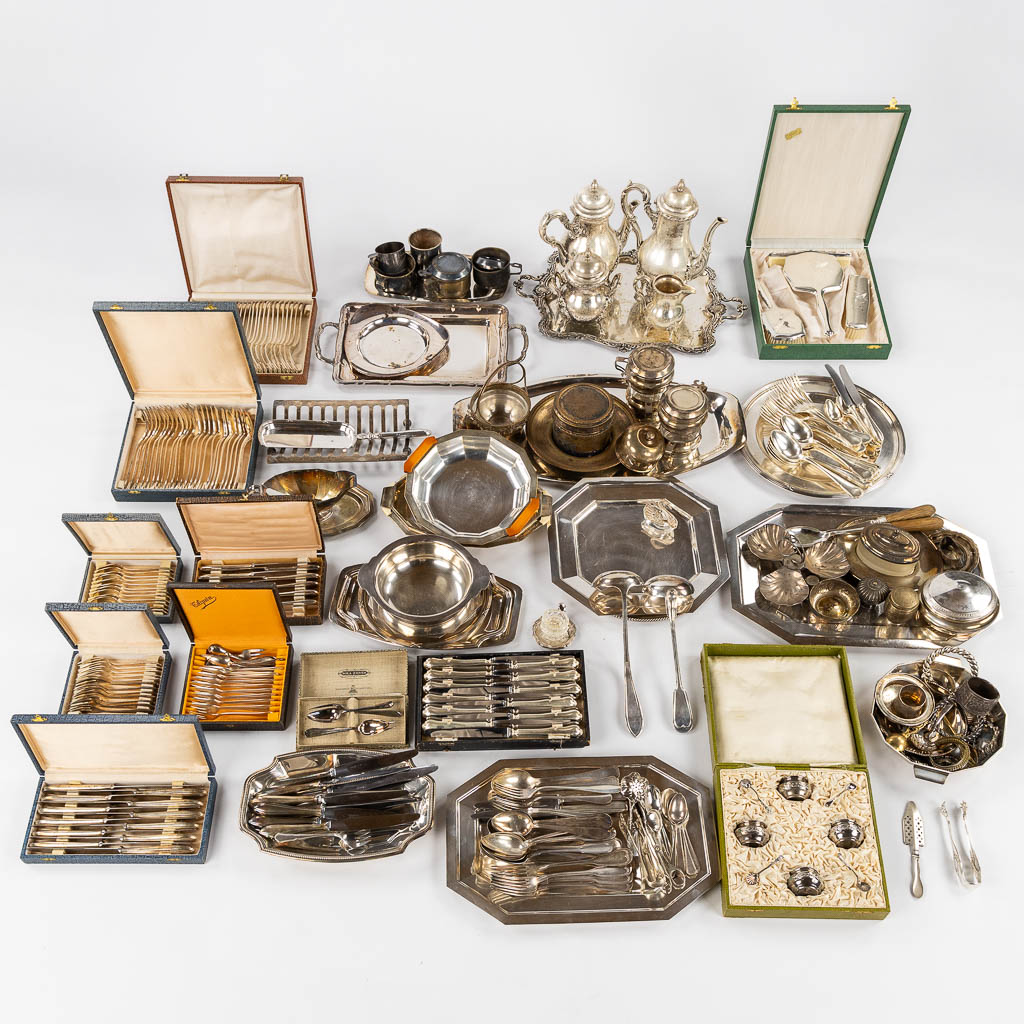 A large collection of table accessories and serving ware, silver plated metal. 