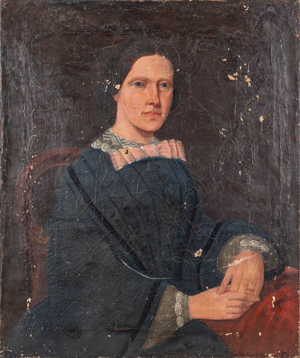 An antique portrait of a lady, oil on canvas. 19th C. (W:64 x H:76,5 cm)