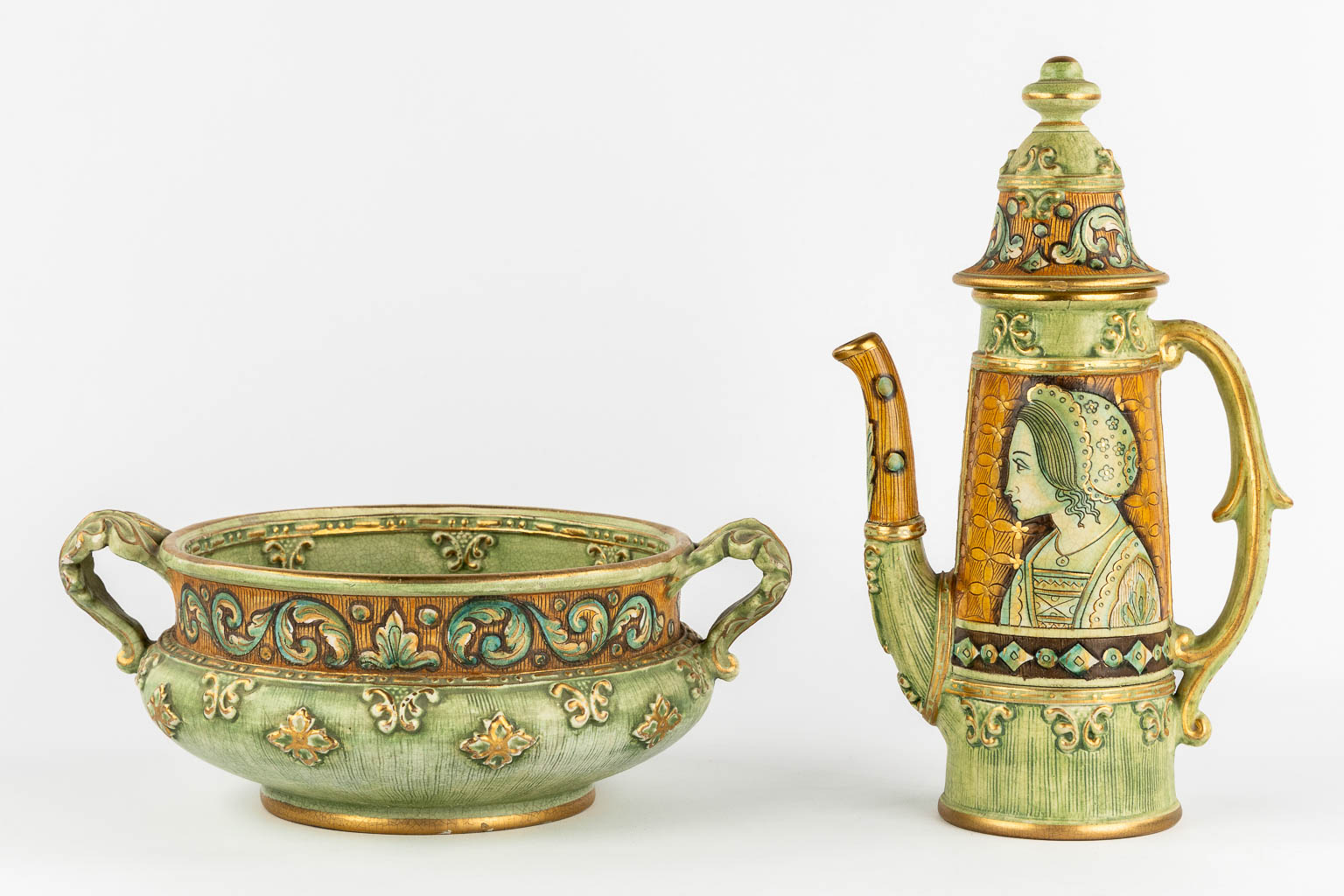 Gialetti Giulio, Five pieces of polychrome faience. Deruta, Italy. 