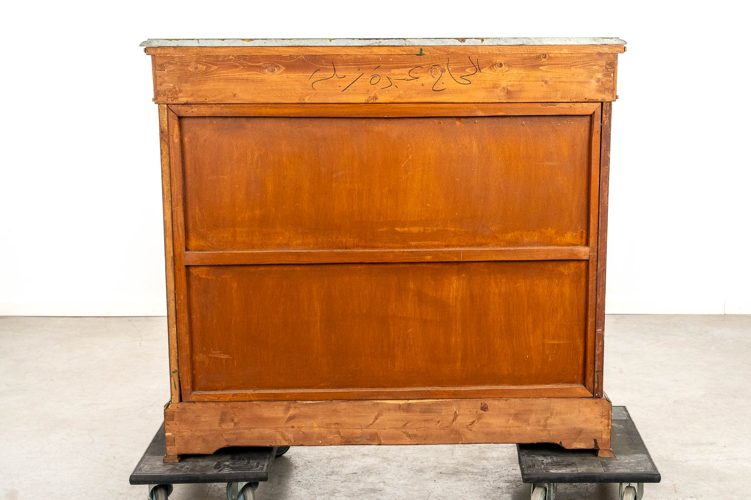 A two-door marquetry inlay cabinet, mounted with bronze and a marble. 20th C.