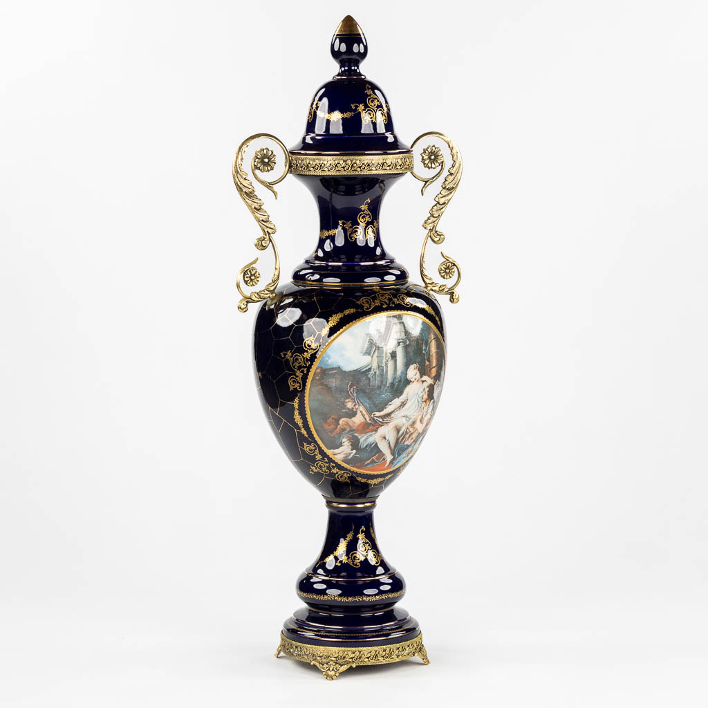 A decorative cobalt blue vase mounted with bronze, in the style of Sèvres. 20th C. (L:30 x W:42 x H:110 cm)