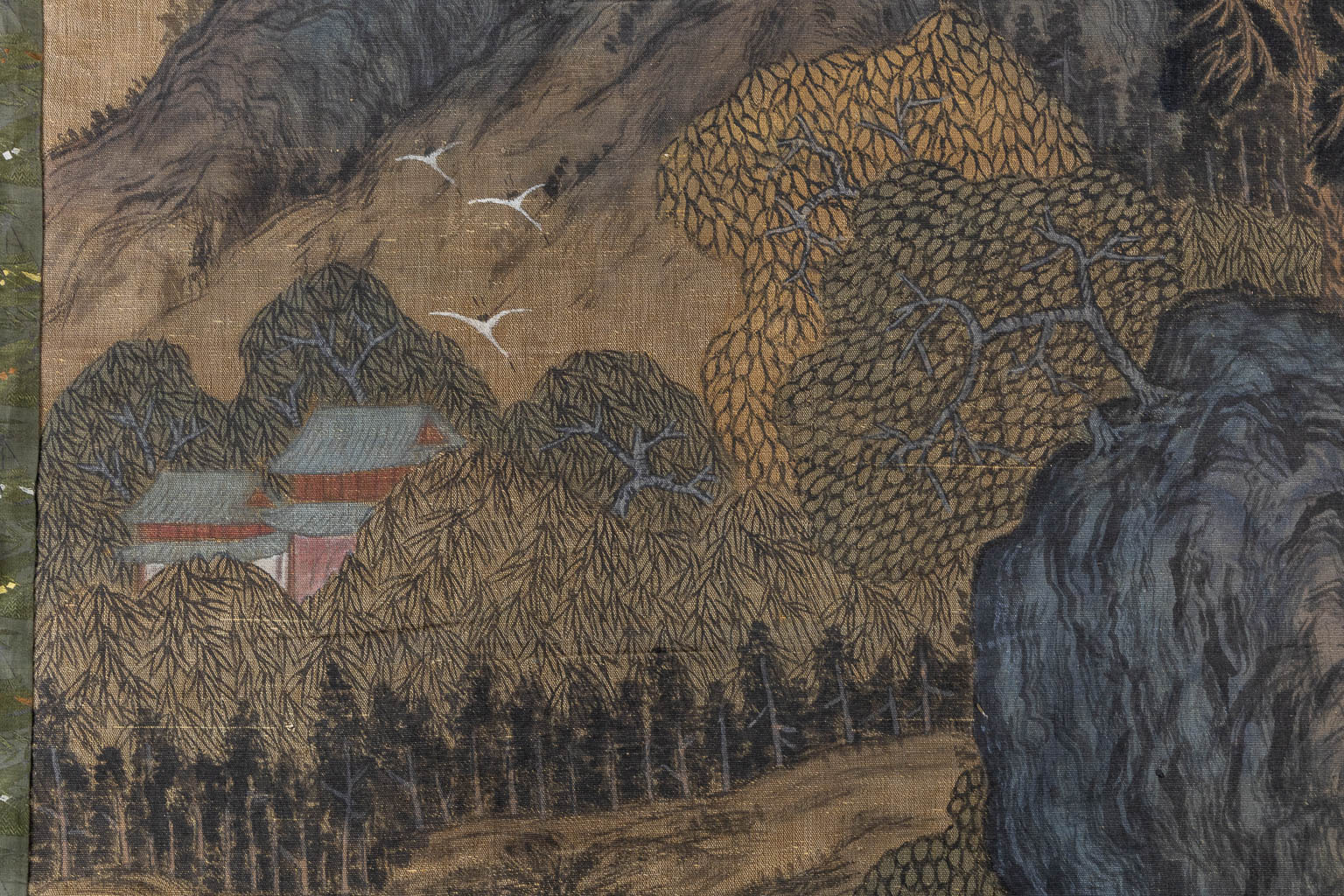 A decorative pair of Chinese painted embroideries with landscape decor. (W:125 x H:175 cm)