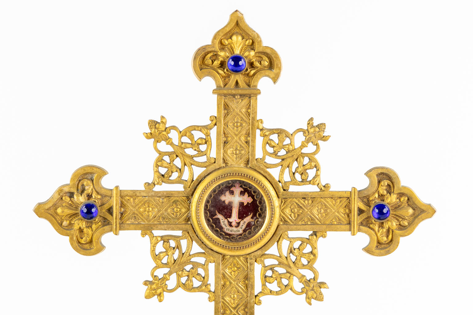 A richly decorated reliquary crucifix, De Ligno Cruxis, True cross of Jesus Christ, 1892. (W:24 x H:42 cm)