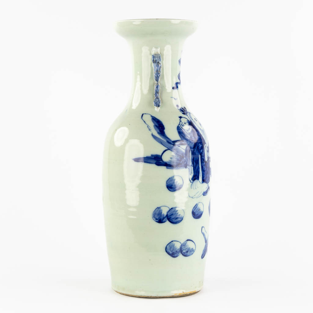 A Chinese vase, blue-white decor with wise men and children. (H:56,5 x D:21 cm)