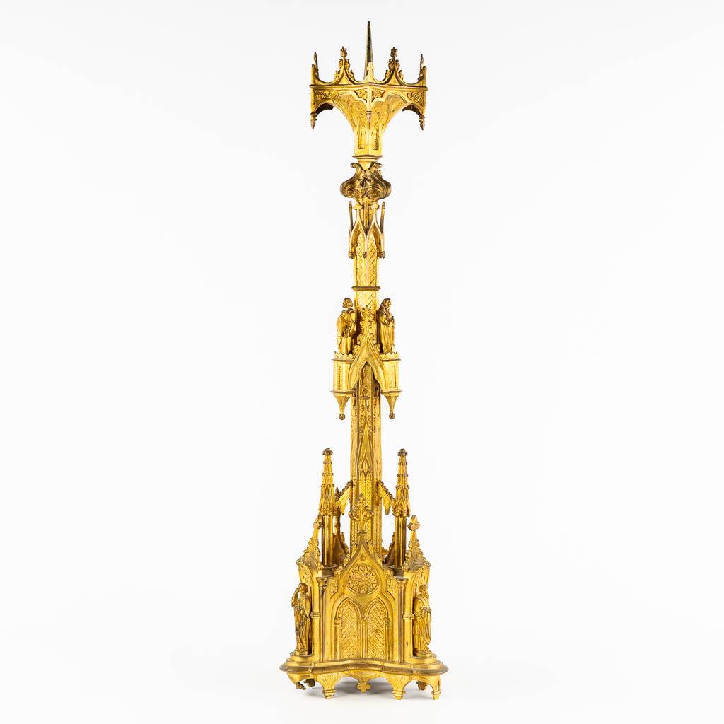 An antique church candelabra, gilt bronze, Gothic Revival. (H:93 cm)