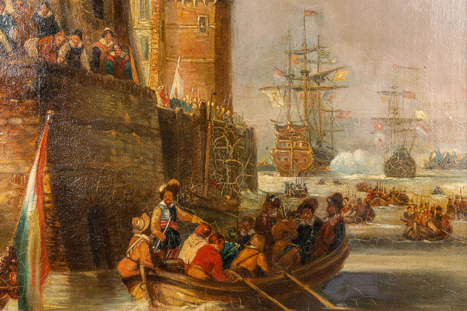 Naar Jan Michiel RUYTEN (1813-1881) 'Intrede in Nederlandse stad' olie op doek. Circa 1850. (W:82 x H:96 cm)