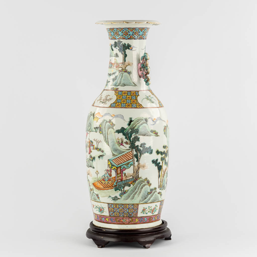 A Chinese Famille Rose vase with a double decor, Landscape scène with a harbor. 