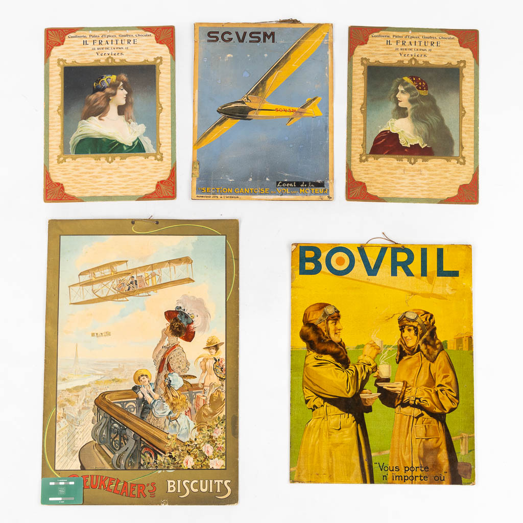 Five advertising boards with Aviation thème, De Beuckelaer, Bovril, SGVSM. (W:40 x H:60 cm)