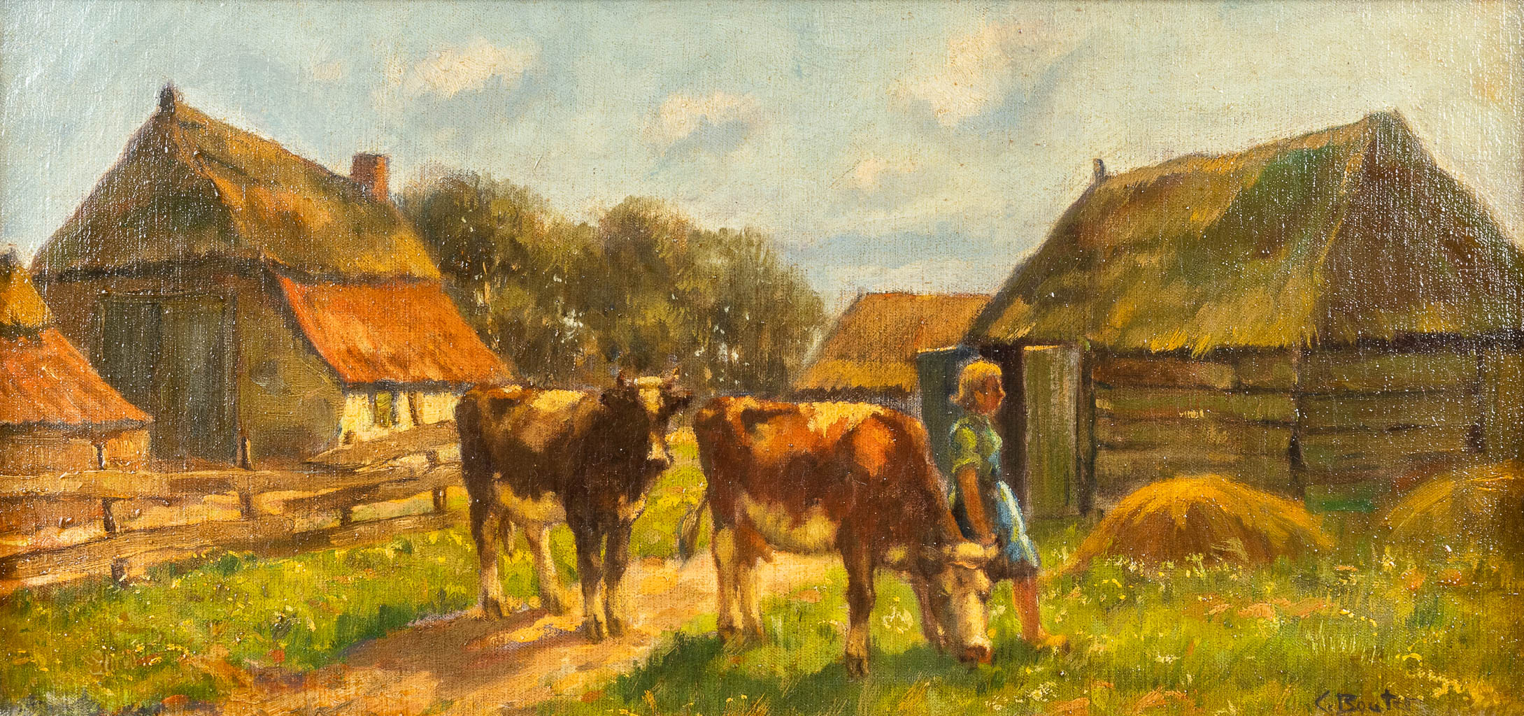 An antique painting 'Girl with Cows' signed C. Bouter. (W:58 x H:27 cm)