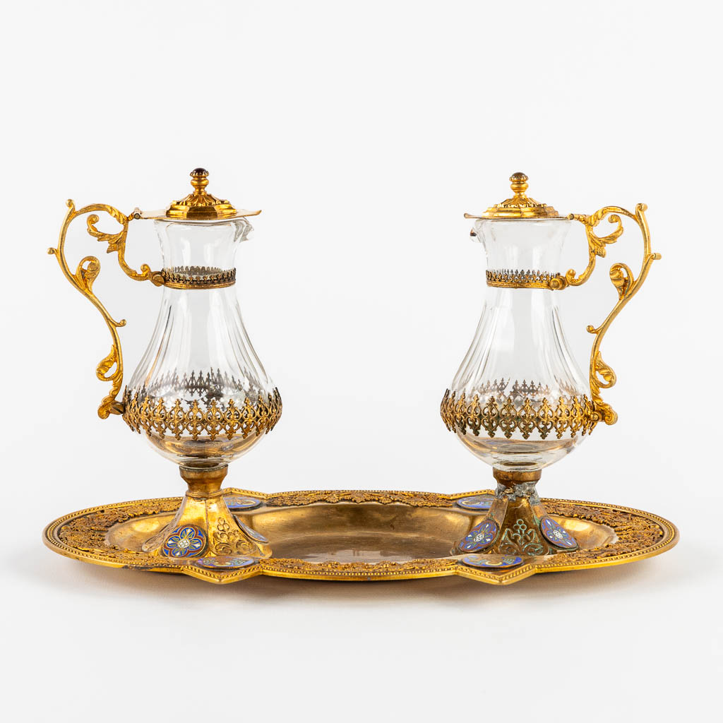 A pair of wine and water cruets, gold-plated metal and enamel. Gothic Revival. 