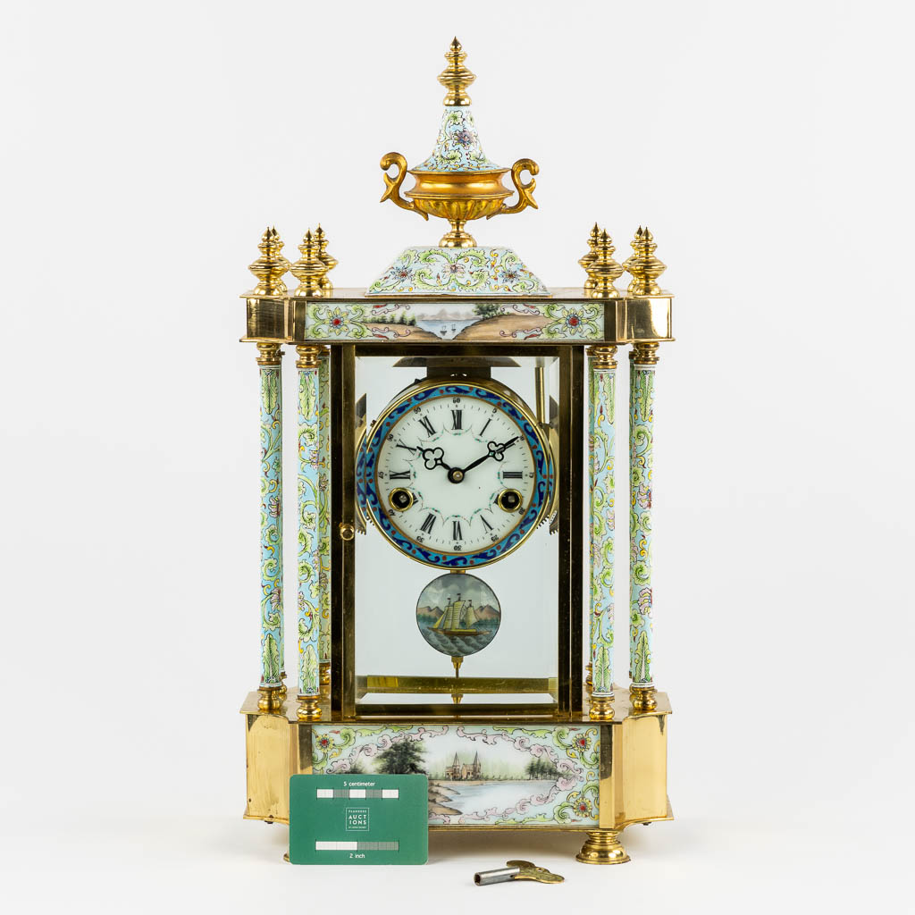 A brass and cloisonné enamel mantle clock, 20th C.