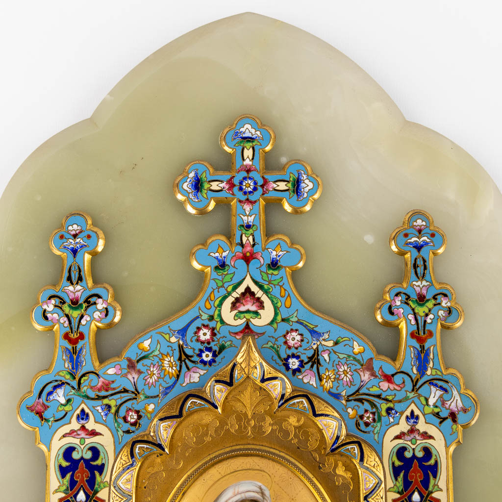 A Holy Water Font, bronze on an alabaster and finished with Cloisonné and an enamel plaque 