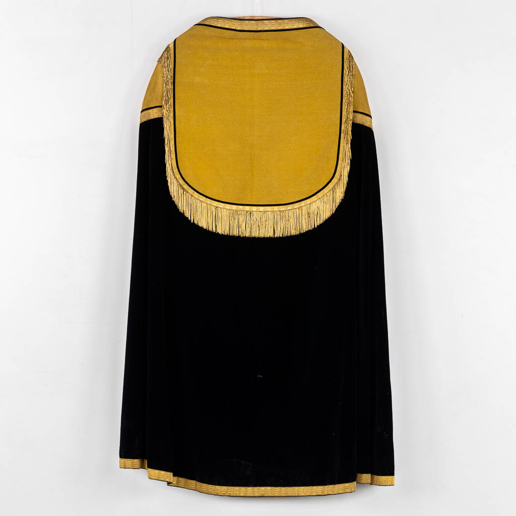 A Cope, Roman Chasuble, Dalmatic and Stola/Maniple, thick gold thread embroideries. 