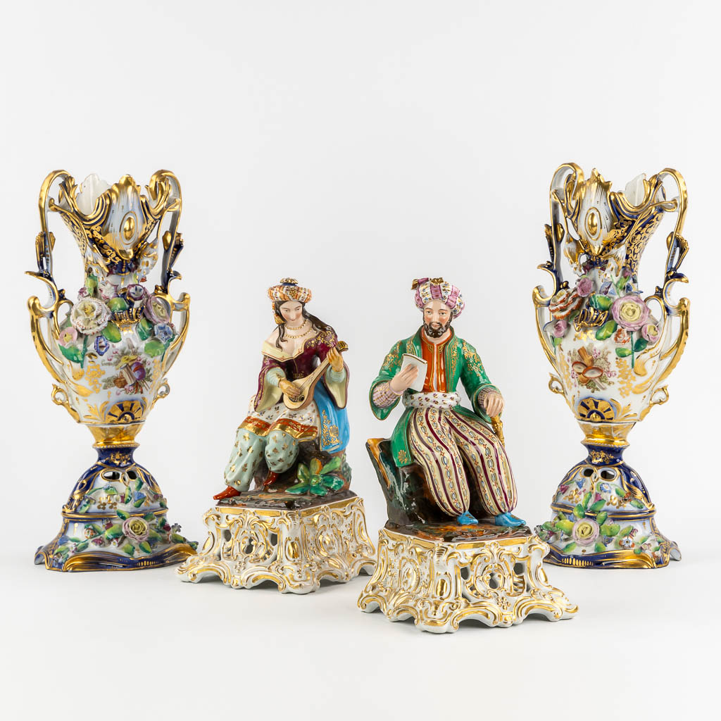 Attributed to Jacob PETIT (1796-1868) 'Two figurines & Two Vases' polychrome porcelain. (H:38 cm)