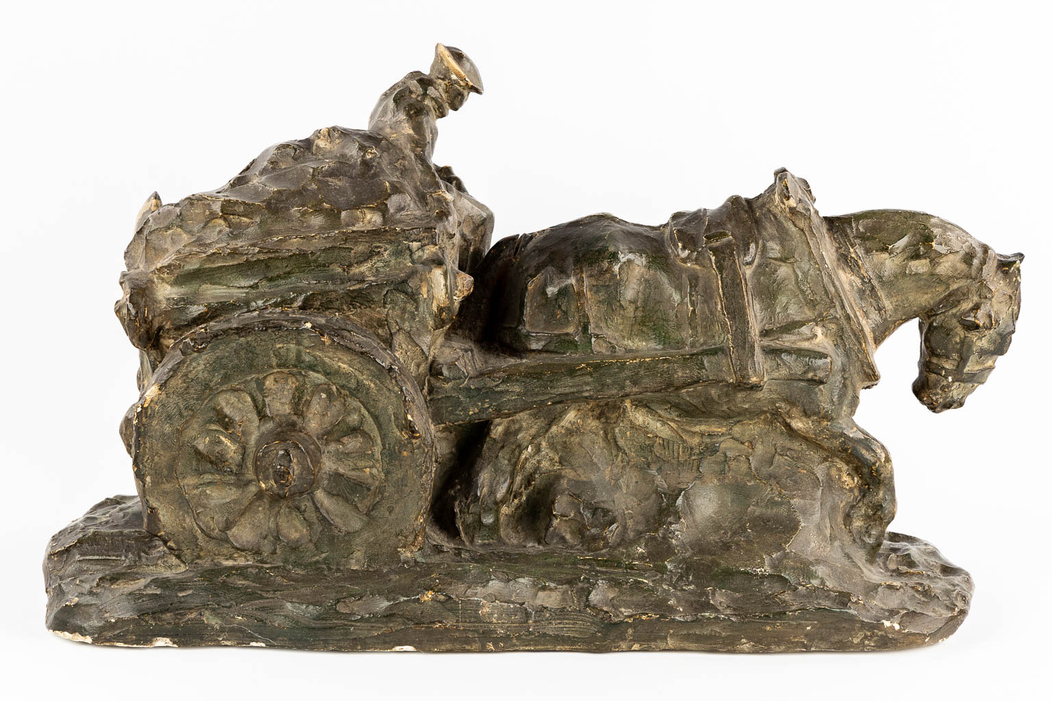 Domien INGELS (1881-1946) 'Horse Drawn Carriage' Patinated plaster. 