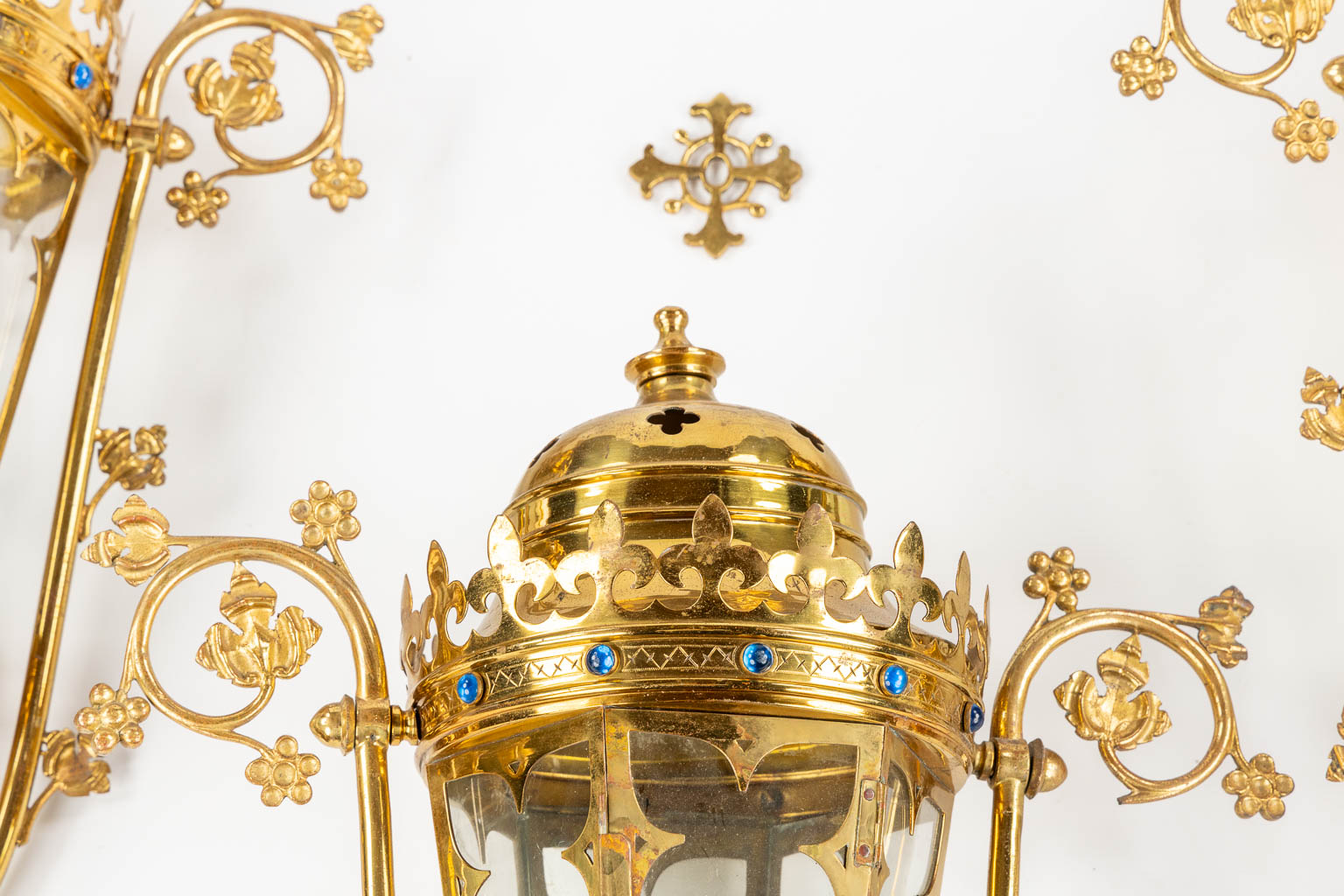 Three Processional lanterns, brass finished with cabochons, Gothic Revival. (W:48 x H:82 cm)