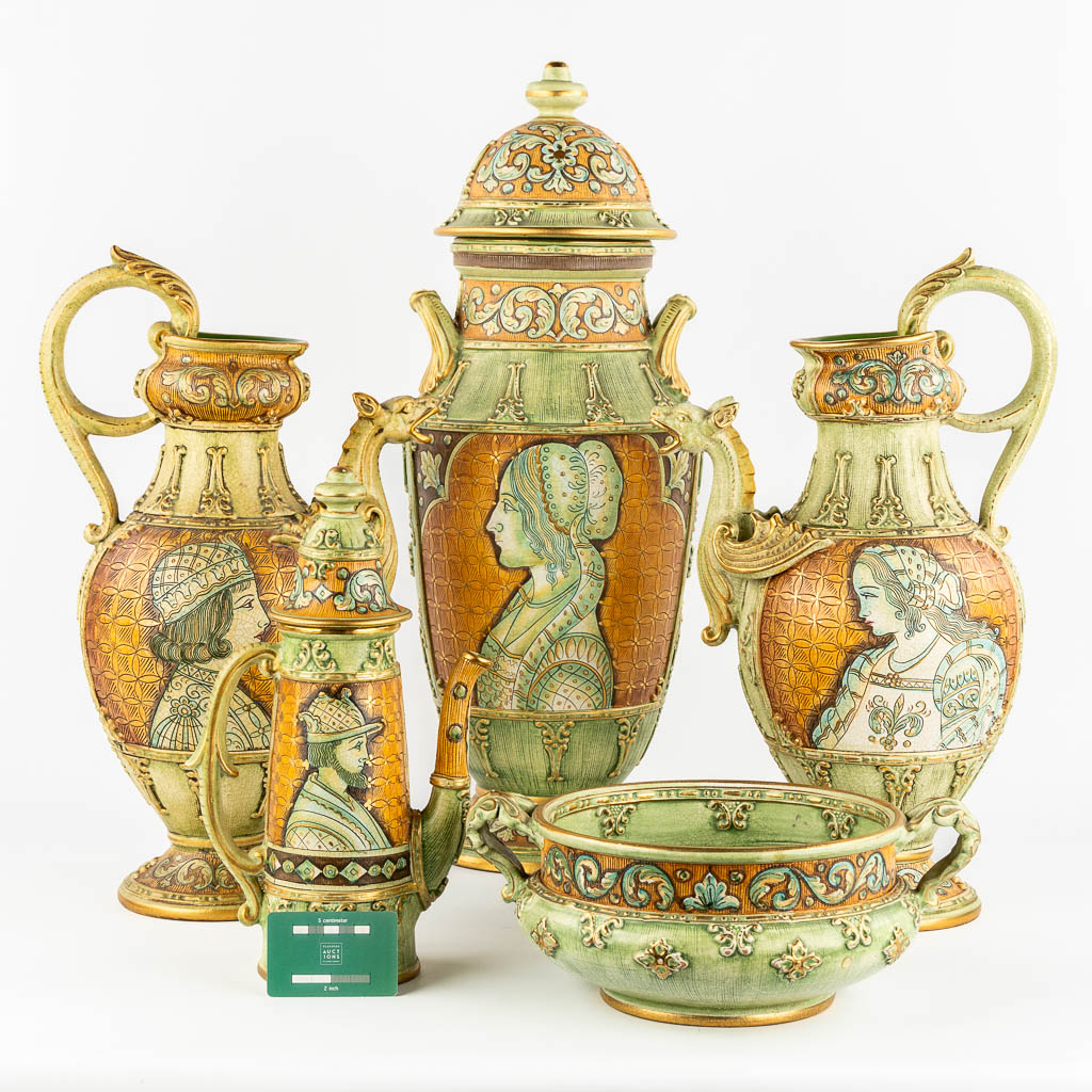 Gialetti Giulio, Five pieces of polychrome faience. Deruta, Italy. 