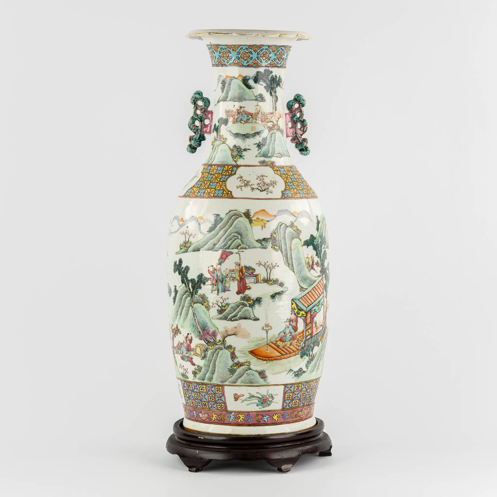 A Chinese Famille Rose vase with a double decor, Landscape scène with a harbor. 