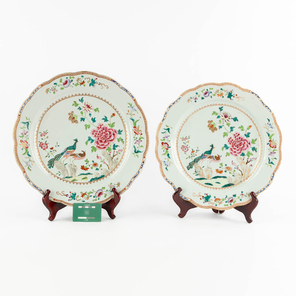 Two large Chinese Famille Rose plates, Double Peacock decor. 18th C. (D:41 cm)