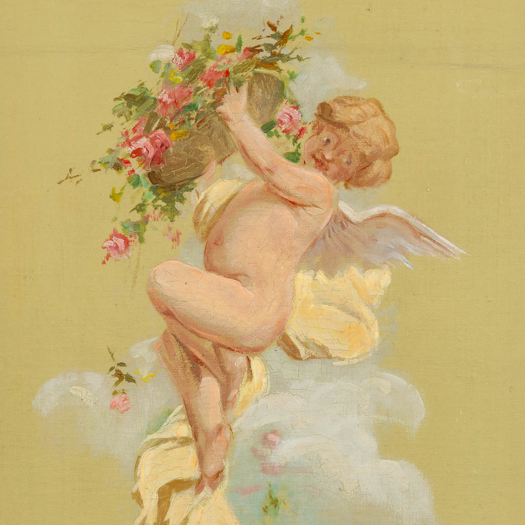 Drie decoratieve schilderijen met putti, olie op doek. 19de eeuw. (W:39 x H:52 cm)