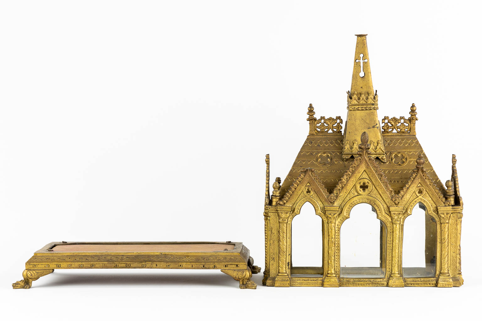 A Reliquary Shrine shaped like a Gothic Revival chapel, gilt bronze.