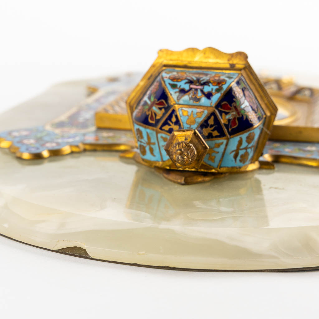 A Holy Water Font, bronze on an alabaster and finished with Cloisonné and an enamel plaque 