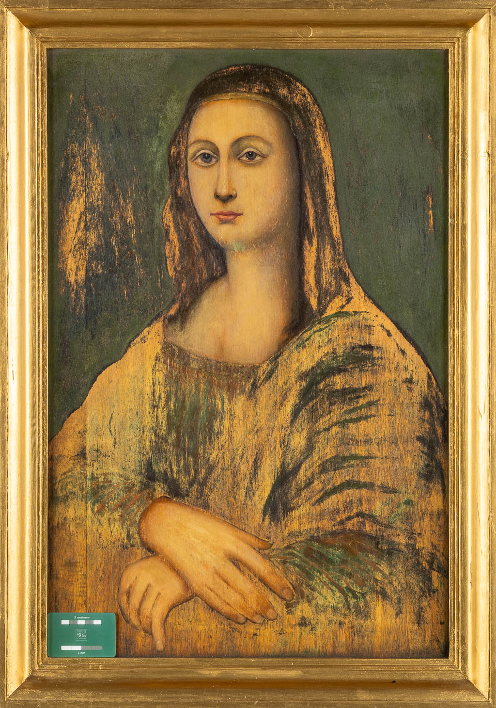 Een decoratief schilderij naar de Mona Lisa. Olie op paneel. (W:51,5 x H:77 cm)