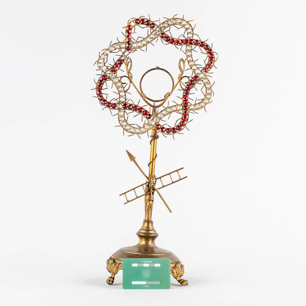 A small Monstrance, Brass, Crown of Thorns with facetted glass. circa 1900. 