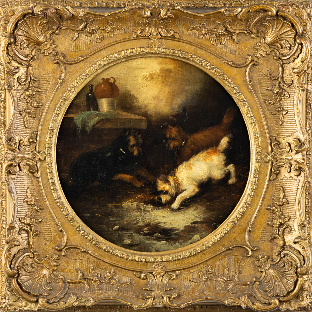 A decorative painting 'Playing Dogs', oil on canvas. (W:31,5 x H:31,5 cm)