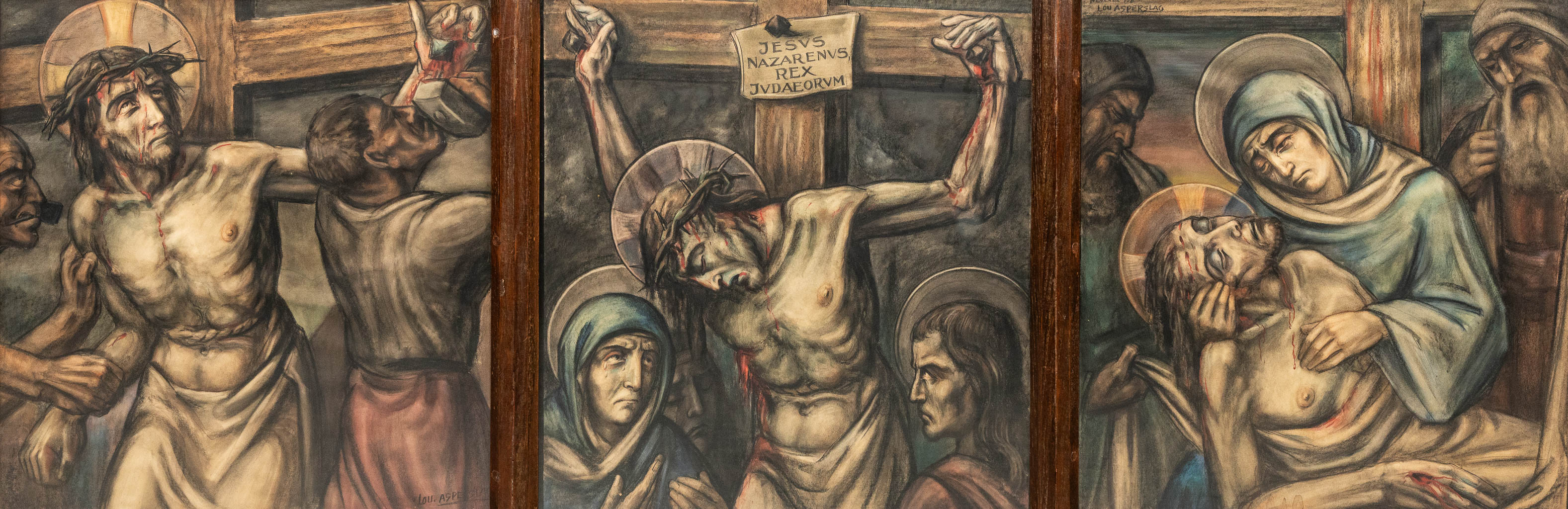 Three stations from a 'Stations of the cross', pastel on paper. Signed Lou ASPERSLAGH (1893-1949).