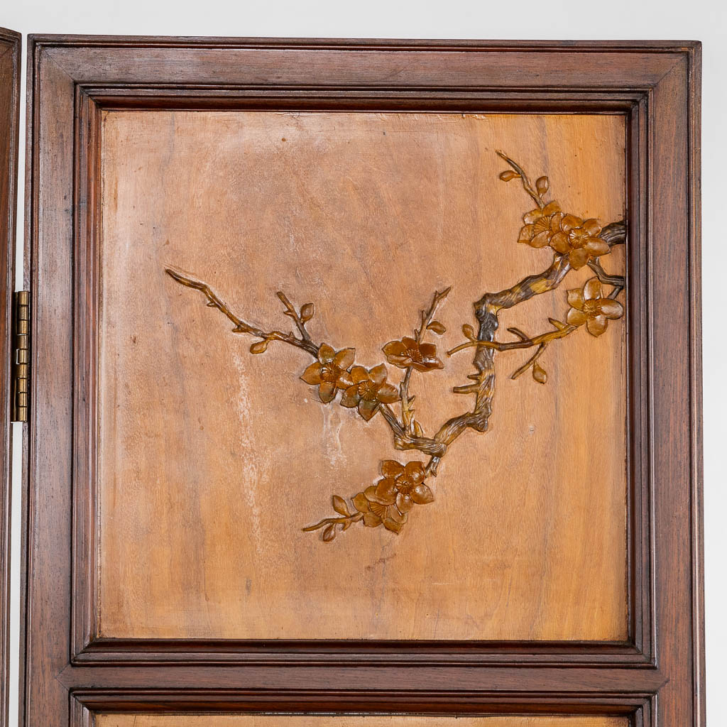 A Chinese room divider, hardwood decorated with fauna and flora, sculptured hardstone. (W:160 x H:182 cm)