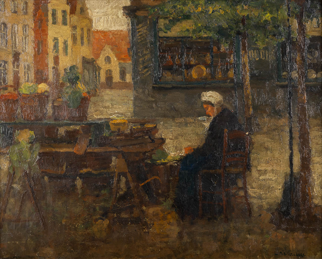 Léo MECHELAERE (1880-1964) 'Market in Bruges'. (W:75 x H:60 cm)