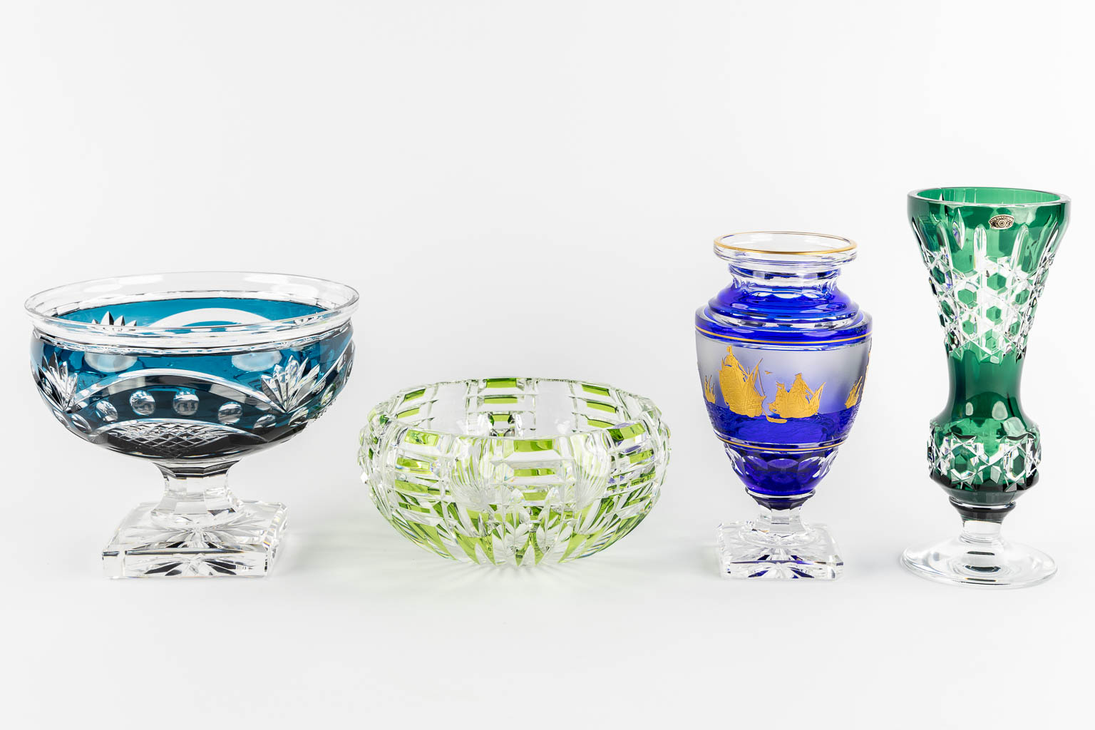 Val Saint Lambert, a coupe, Hubert Lega, and two vases, added Val Diffusion a bowl. 