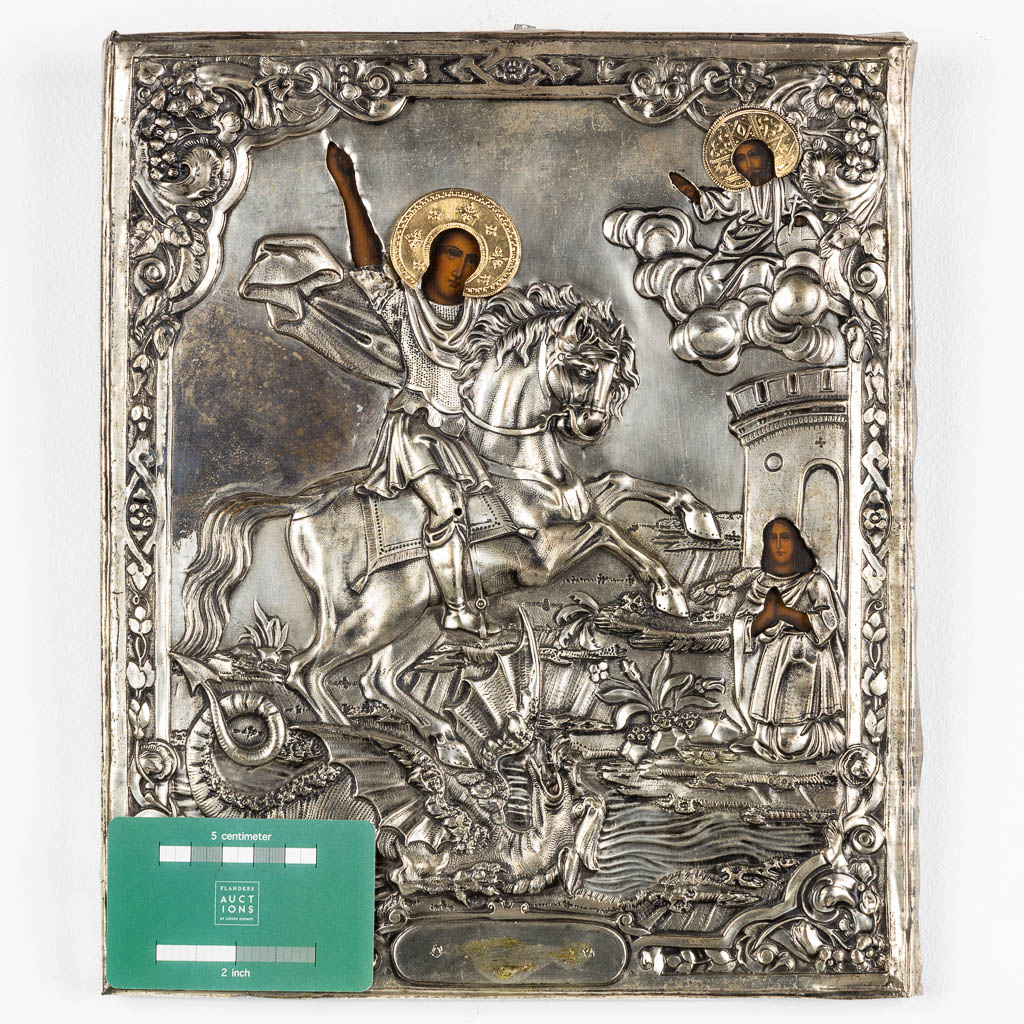 An antique Russian icon with a silver rizza 