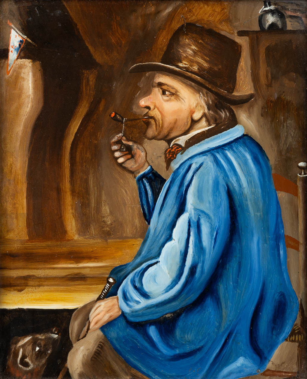 A reverse glass painting of a smoker and a ferret, Eglomisé. 19th C. (W:35 x H:41 cm)