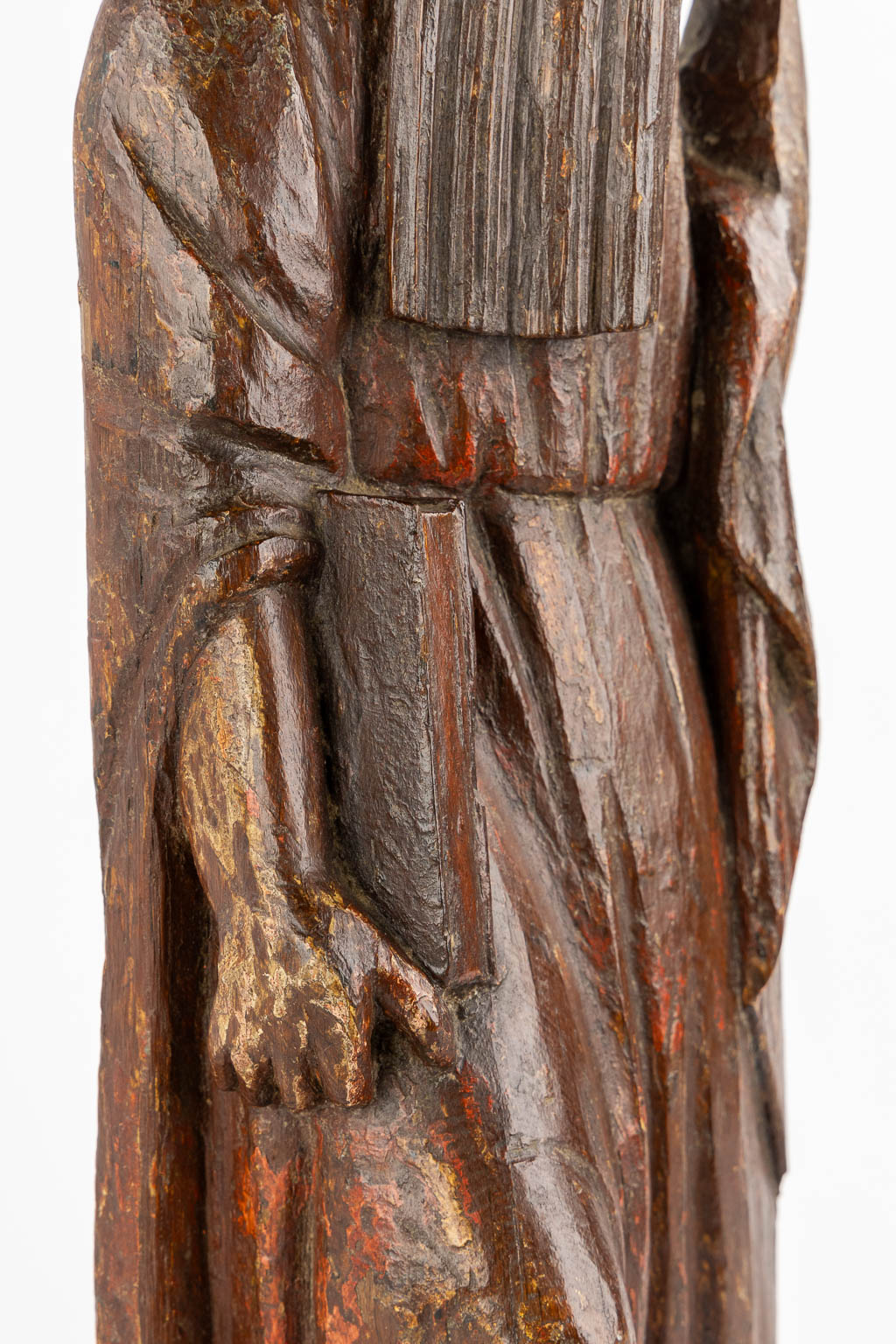 An antique wood sculpture of a Prophet, Sculpture du val de boi, Catalonia. 12th C. (L:9 x W:20 x H:57 cm)