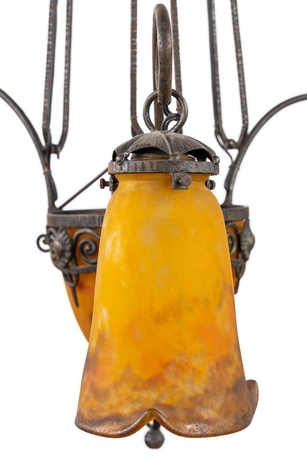 Muller Frères Luneville, a pâte-de-verre chandelier, glass and wrought iron. (H:78 x D:45 cm)