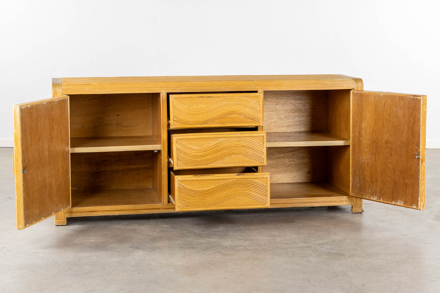 A vintage 'Faux Bamboo' dresser, two doors and three drawers. 