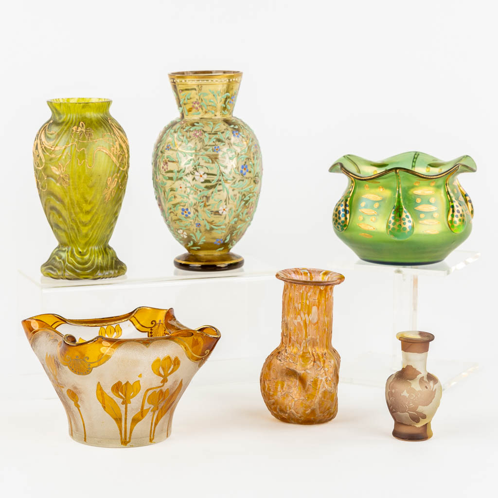 Johann LOETZ (1880-1940) '2 Vases', added are 4 Jugendstil and Art Nouveau glass vases Pallme Köning, Legras. 