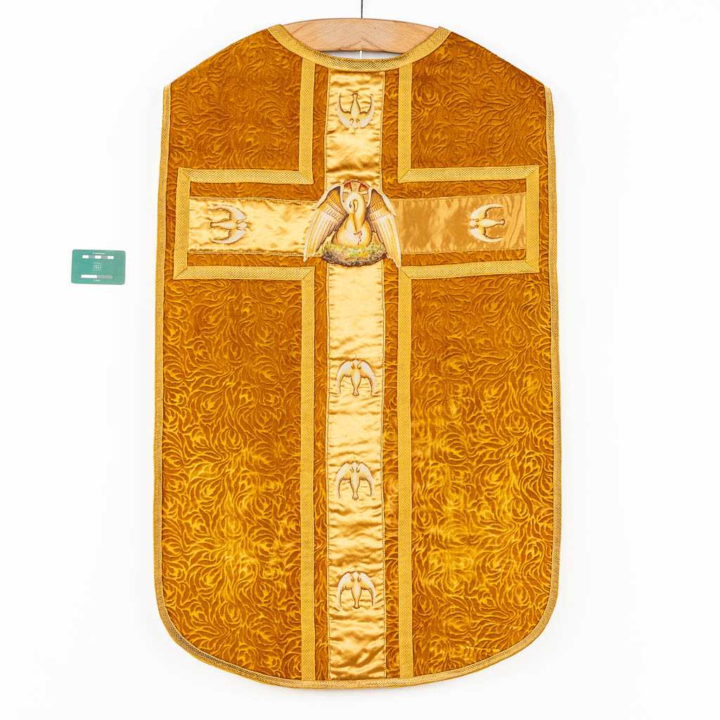A set of 5 antique Roman Chasubles with two matching stola and a Chalice veil.