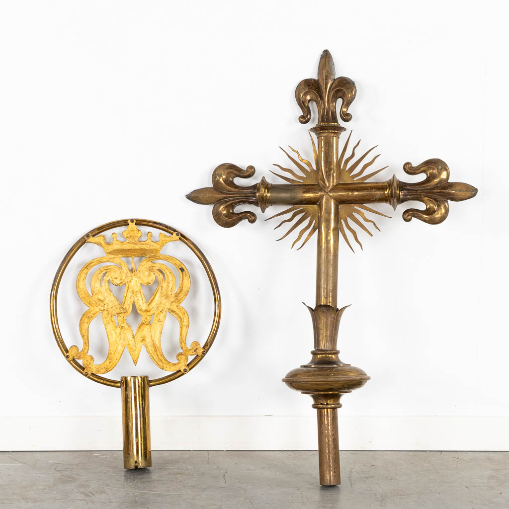 Two processional finials, Crucifix with Fleur De Lis and Ave Maria. (W:55 x H:80 cm)