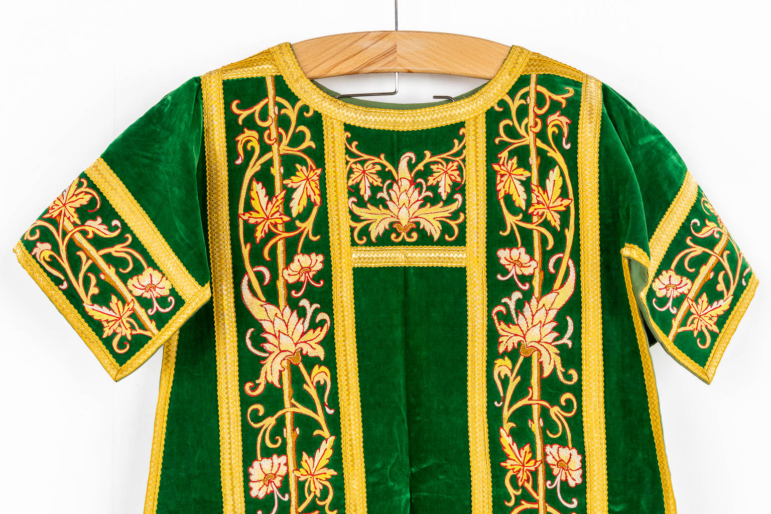 A set of Dalmatics and a Roman Chasuble, added a Chasuble and stola, maniple. Embroideries. Made around 1910.  Church use.