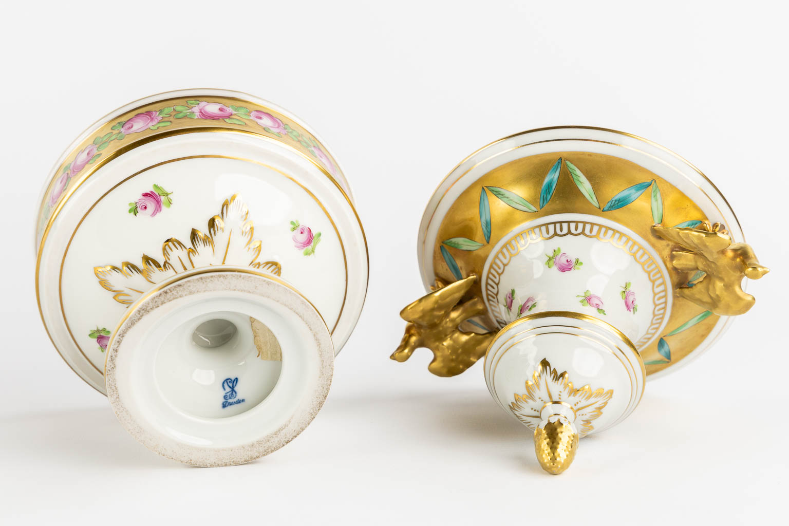 Dresden and Sitzendorf, three pieces of polychrome porcelain. Saxony, Germany. (L:11 x W:20 x H:29 cm)