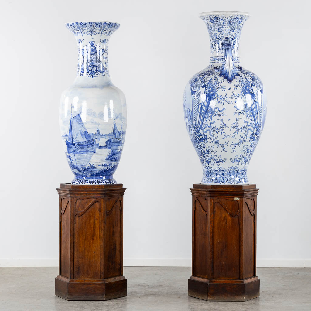 Boch Frères Keramis, two exceptional vases, glazed faience. 19th C. (H:122 x D:63 cm)