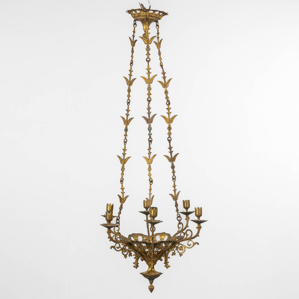 A pair of candle chandeliers, brass with enamel, Gothic Revival. (H:103 x D:42 cm)