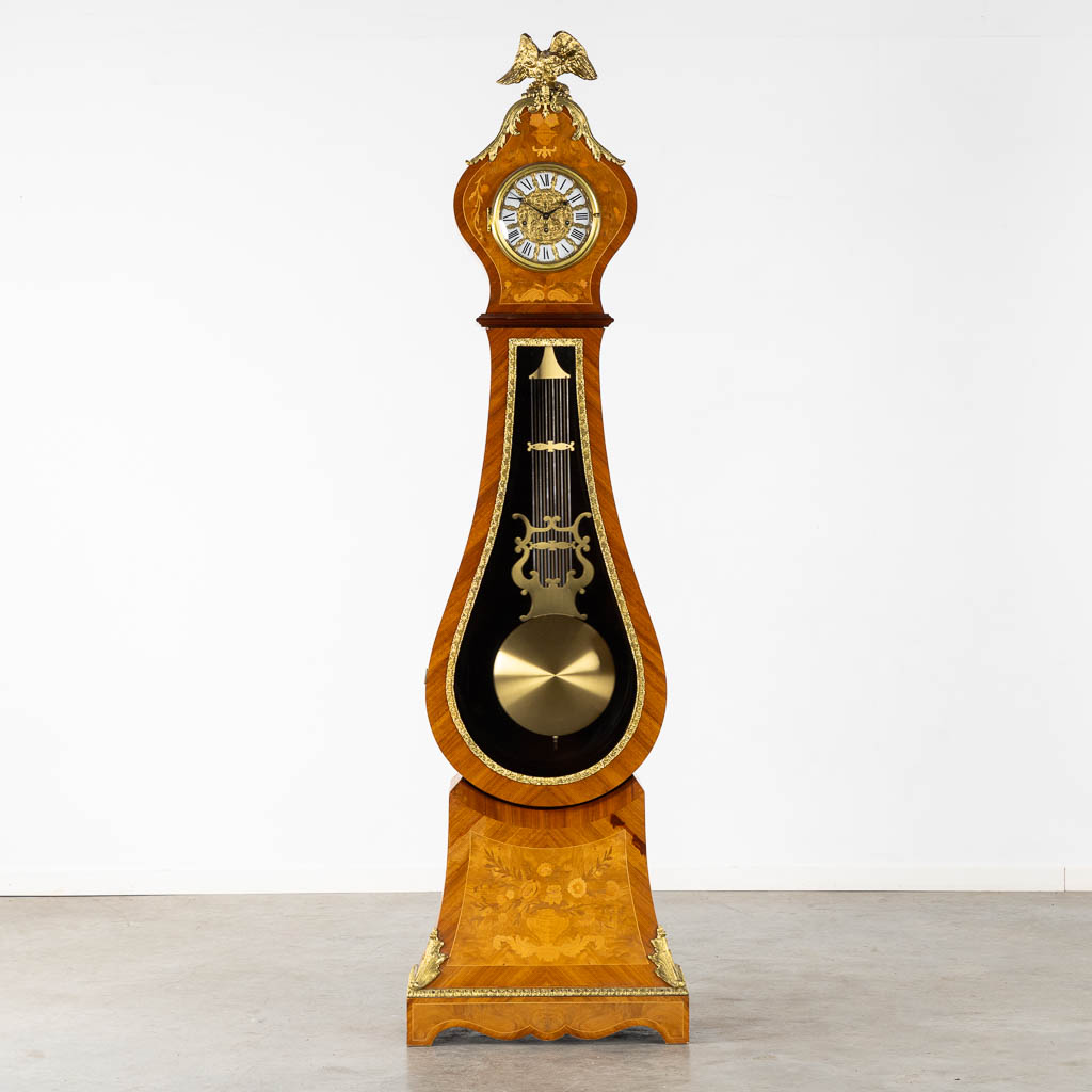 A large marquetry inlay Grandfather clock, mounted with bronze. Circa 1970. (L:32 x W:61 x H:220 cm)