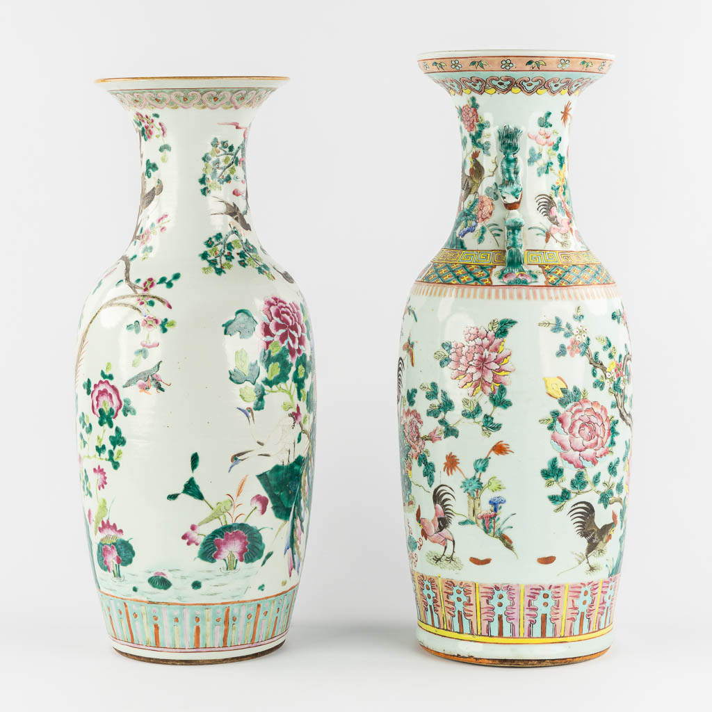 Two Chinese Famille Rose vases with double decors:  Chicken decor, and Phoenixes/Fauna & Flora.. 