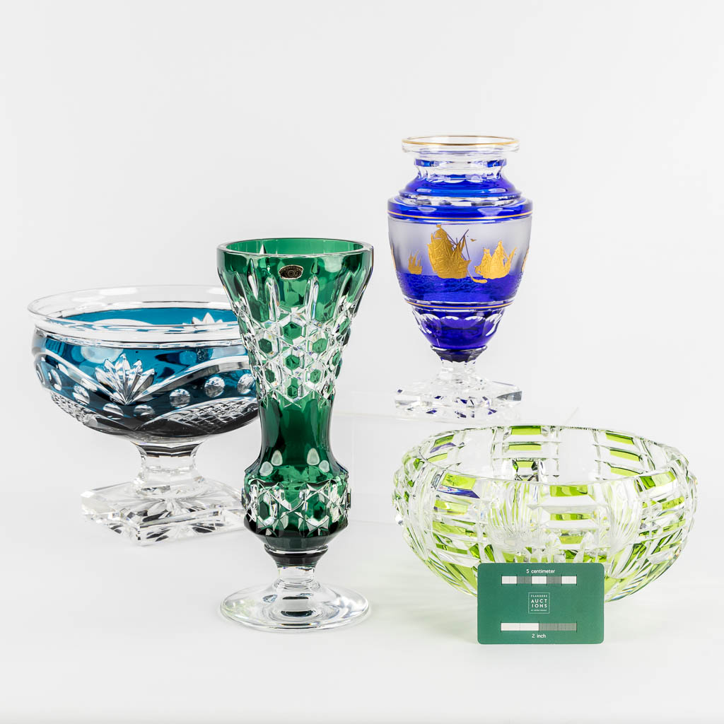 Val Saint Lambert, a coupe, Hubert Lega, and two vases, added Val Diffusion a bowl. 